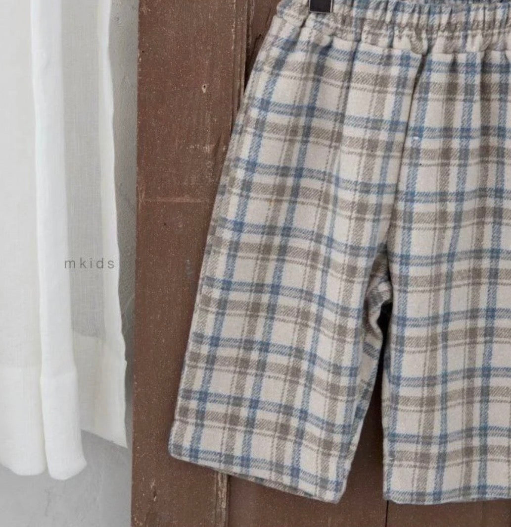 BEIGE FLEECE TARTAN PANTS - BLUE CHECK