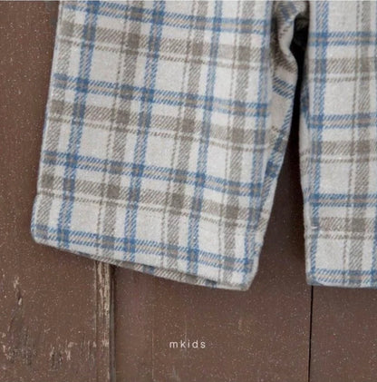 BEIGE FLEECE TARTAN PANTS - BLUE CHECK