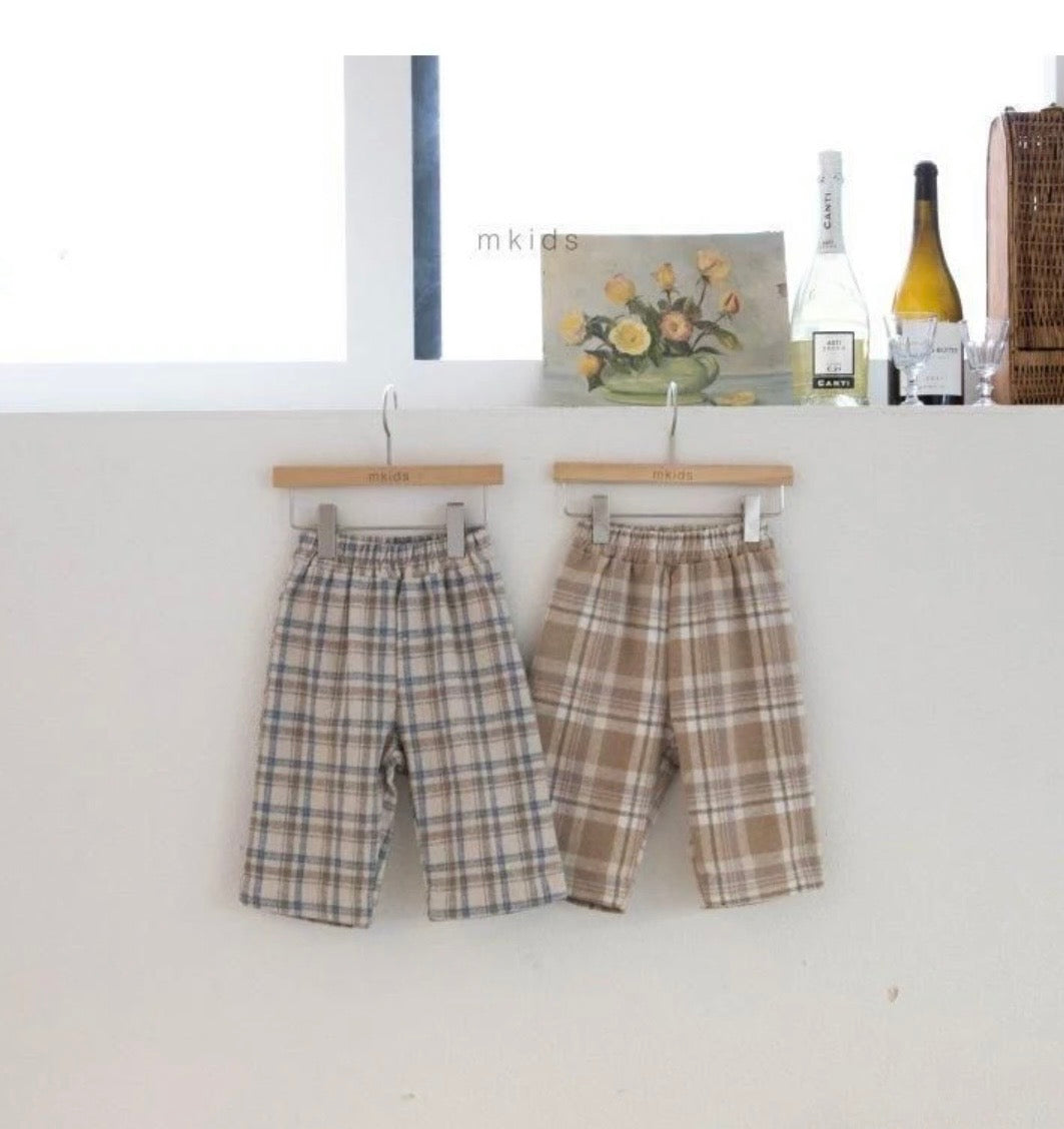 BEIGE FLEECE TARTAN PANTS - BLUE CHECK