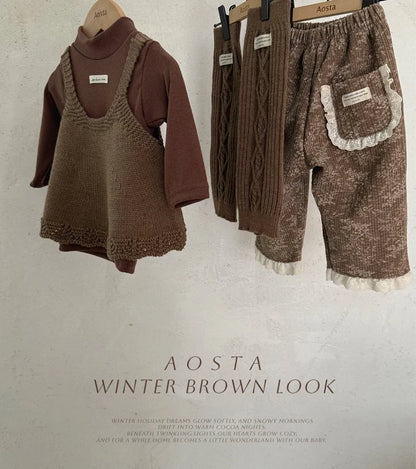 BROWN FLORAL CORDUROY TROUSERS WITH BRODERIE FRILL