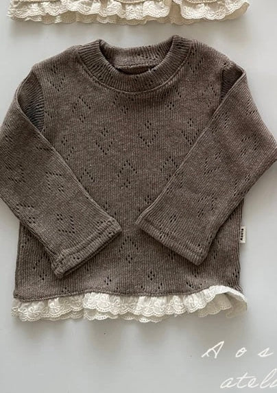 POINTELLE COTTON LONG SLEEVE BRODERIE FRILL TOP