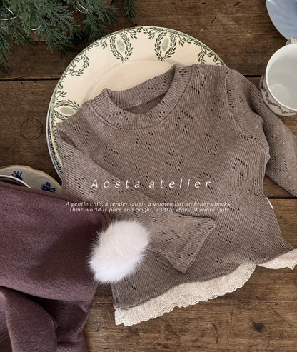 POINTELLE COTTON LONG SLEEVE BRODERIE FRILL TOP