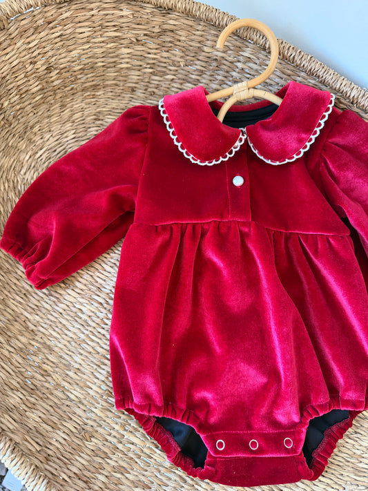 VELVET COLLAR PEARL ROMPER - DEEP RED