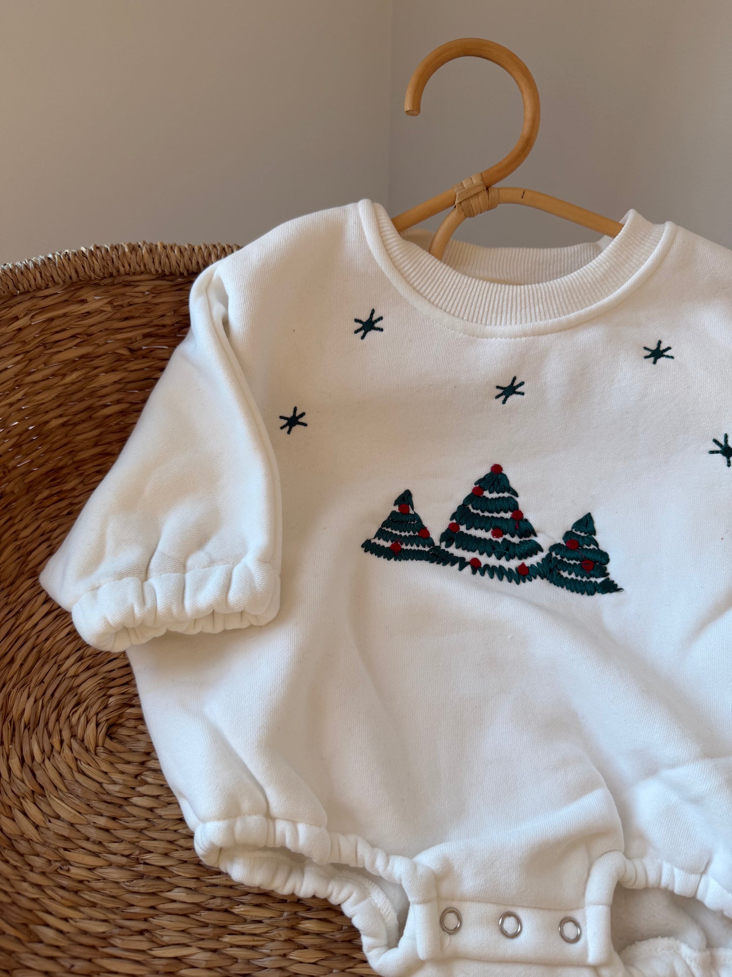 CHRISTMAS EMBROIDERED JERSEY PLUSH SNOW ROMPER