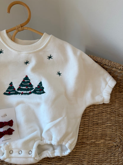 CHRISTMAS EMBROIDERED JERSEY PLUSH SNOW ROMPER