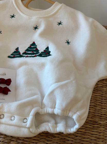 CHRISTMAS EMBROIDERED JERSEY PLUSH SNOW ROMPER