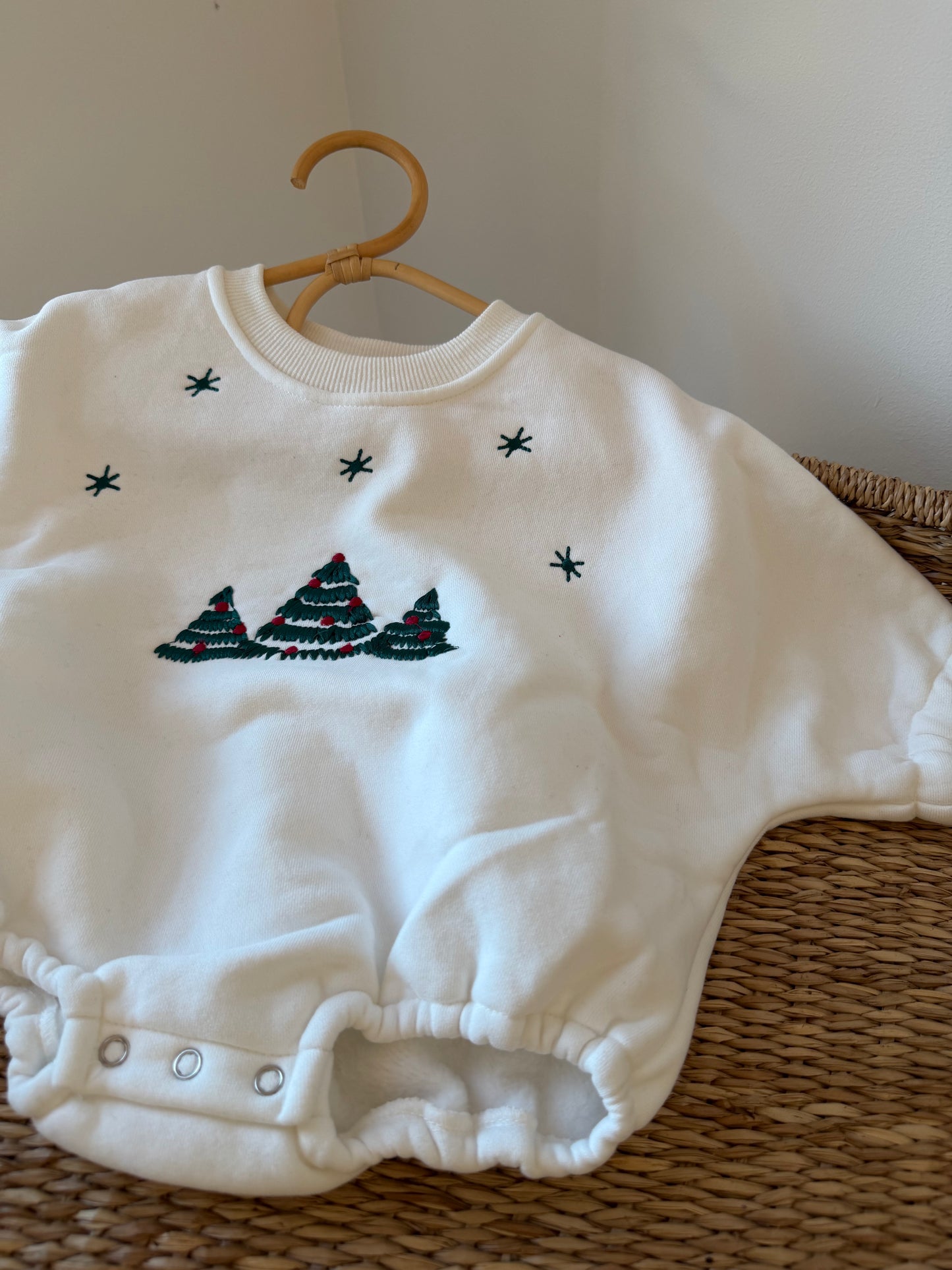 CHRISTMAS EMBROIDERED JERSEY PLUSH SNOW ROMPER