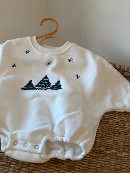 CHRISTMAS EMBROIDERED JERSEY PLUSH SNOW ROMPER