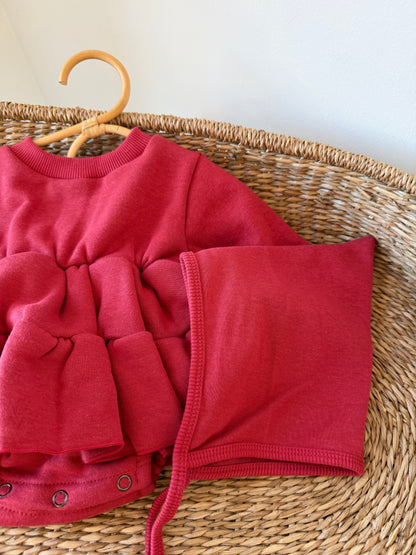 MIENBLOOM CLAUS COTTON PLUSH ROMPER WITH BONNET