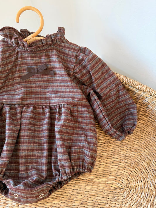 BRUSHED COTTON CHECKED BOW ROMPER - CHOCOLATE