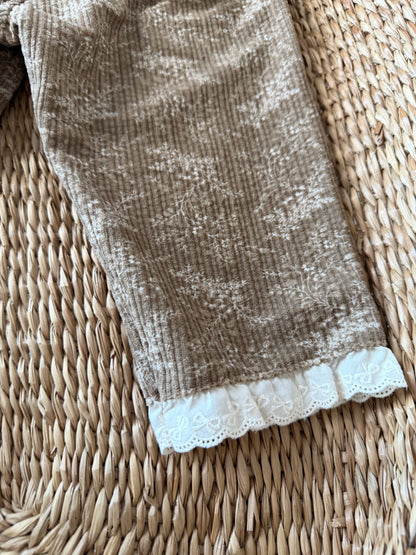 BROWN FLORAL CORDUROY TROUSERS WITH BRODERIE FRILL