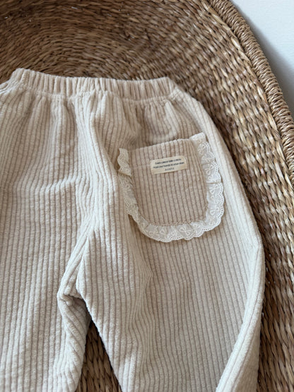 BEIGE CORDUROY TROUSERS WITH BRODERIE FRILL