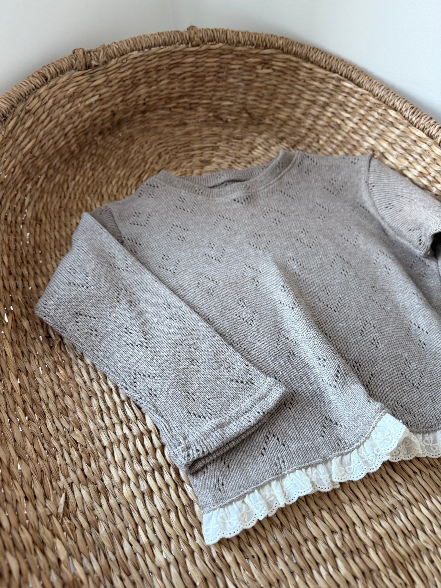 POINTELLE COTTON LONG SLEEVE BRODERIE FRILL TOP