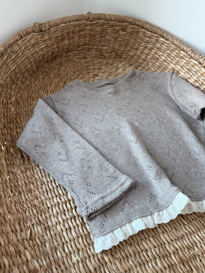 POINTELLE COTTON LONG SLEEVE BRODERIE FRILL TOP