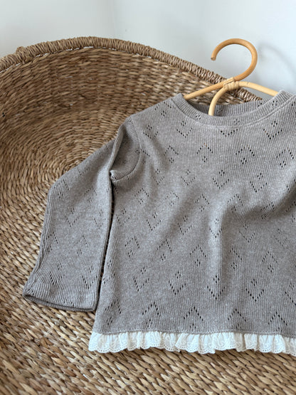 POINTELLE COTTON LONG SLEEVE BRODERIE FRILL TOP