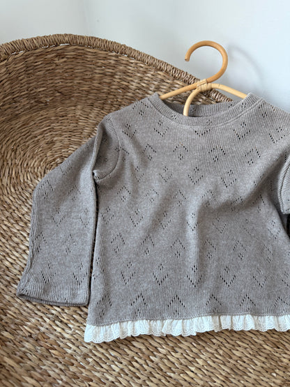 POINTELLE COTTON LONG SLEEVE BRODERIE FRILL TOP