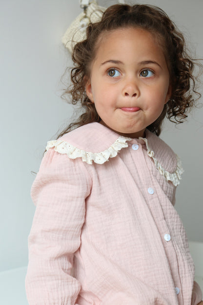 BRODERIE COLLAR MUSLIN COTTON ROMPER | SOFT ROSE