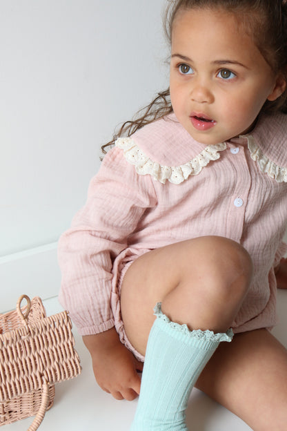 LONG COTTON LACE FRILLED SOCKS | DUCK EGG