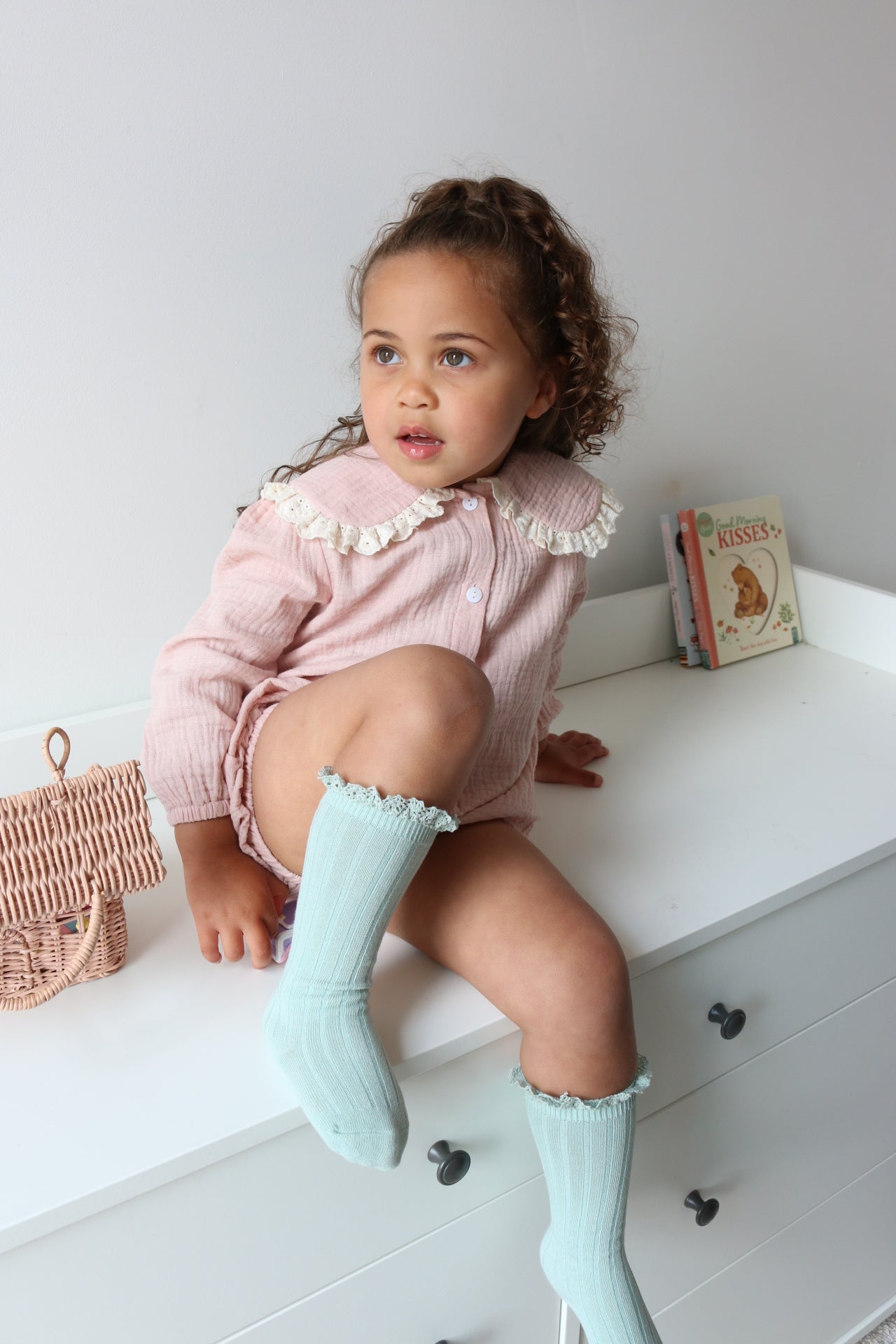 LONG COTTON LACE FRILLED SOCKS | DUCK EGG