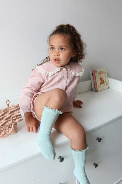 LONG COTTON LACE FRILLED SOCKS | DUCK EGG