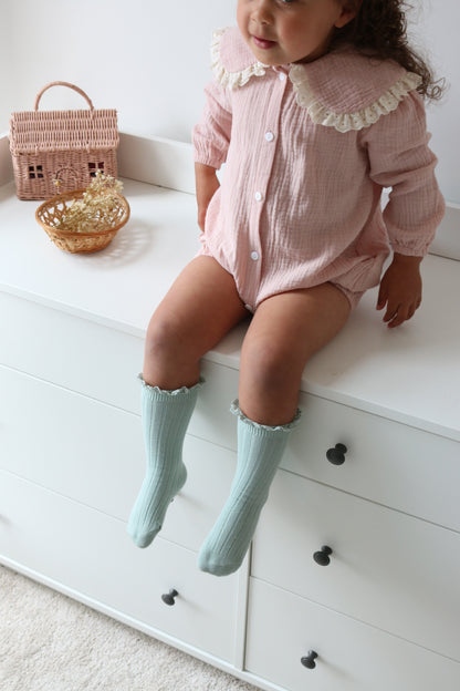 LONG COTTON LACE FRILLED SOCKS | DUCK EGG