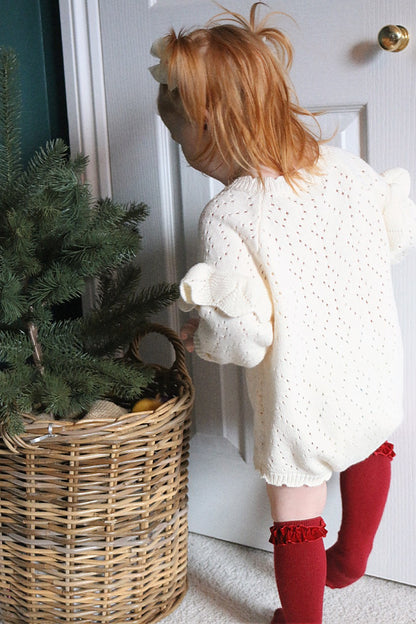 VELVET RUFFLE COTTON KNEE SOCKS - BERRY