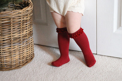 VELVET RUFFLE COTTON KNEE SOCKS - BERRY