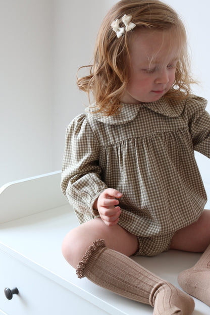BRUSHED COTTON GINGHAM SMOCK ROMPER | OAT & FERN