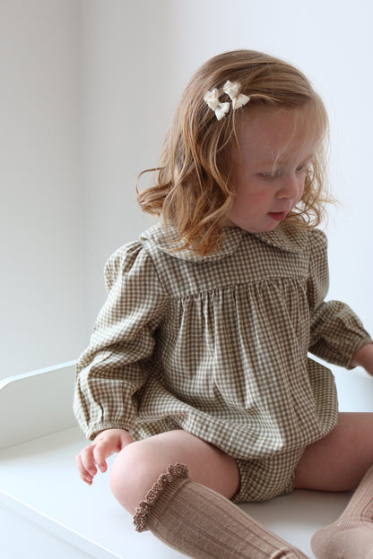 BRUSHED COTTON GINGHAM SMOCK ROMPER | OAT & FERN