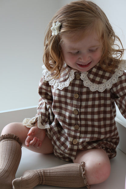 BRUSHED COTTON GINGHAM BLOUSE & BLOOMER SET | CHOCOLATE