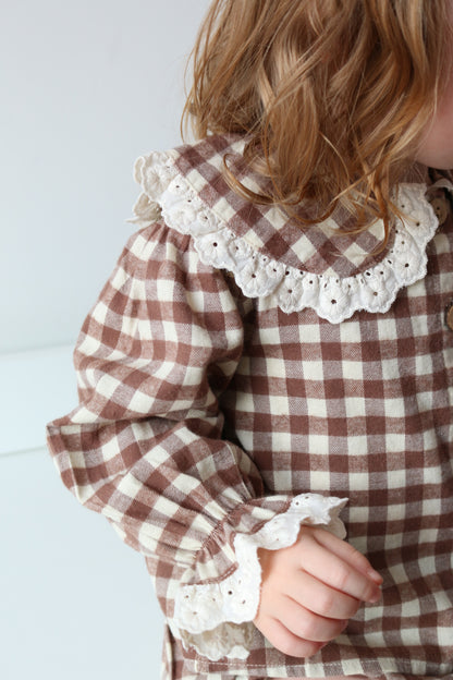 BRUSHED COTTON GINGHAM BLOUSE & BLOOMER SET | CHOCOLATE