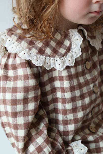 BRUSHED COTTON GINGHAM BLOUSE & BLOOMER SET | CHOCOLATE