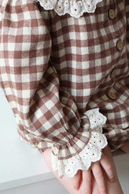 BRUSHED COTTON GINGHAM BLOUSE & BLOOMER SET | CHOCOLATE