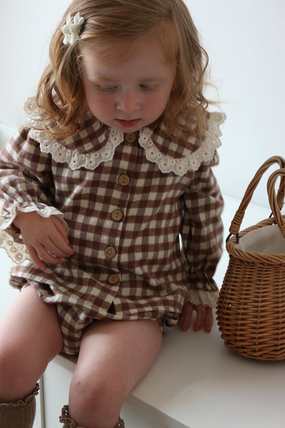 BRUSHED COTTON GINGHAM BLOUSE & BLOOMER SET | CHOCOLATE
