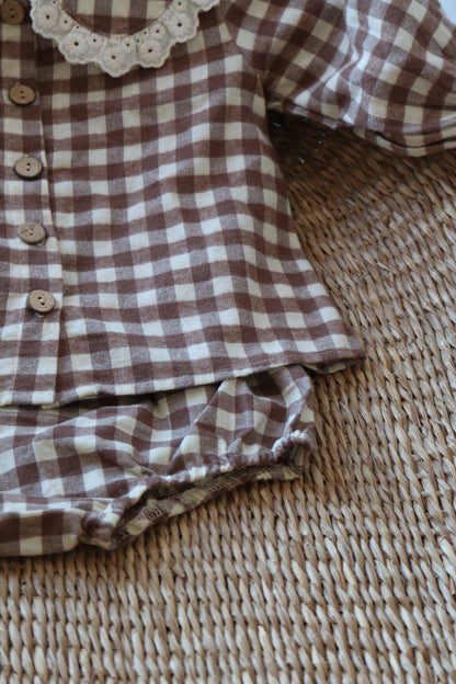 BRUSHED COTTON GINGHAM BLOUSE & BLOOMER SET | CHOCOLATE
