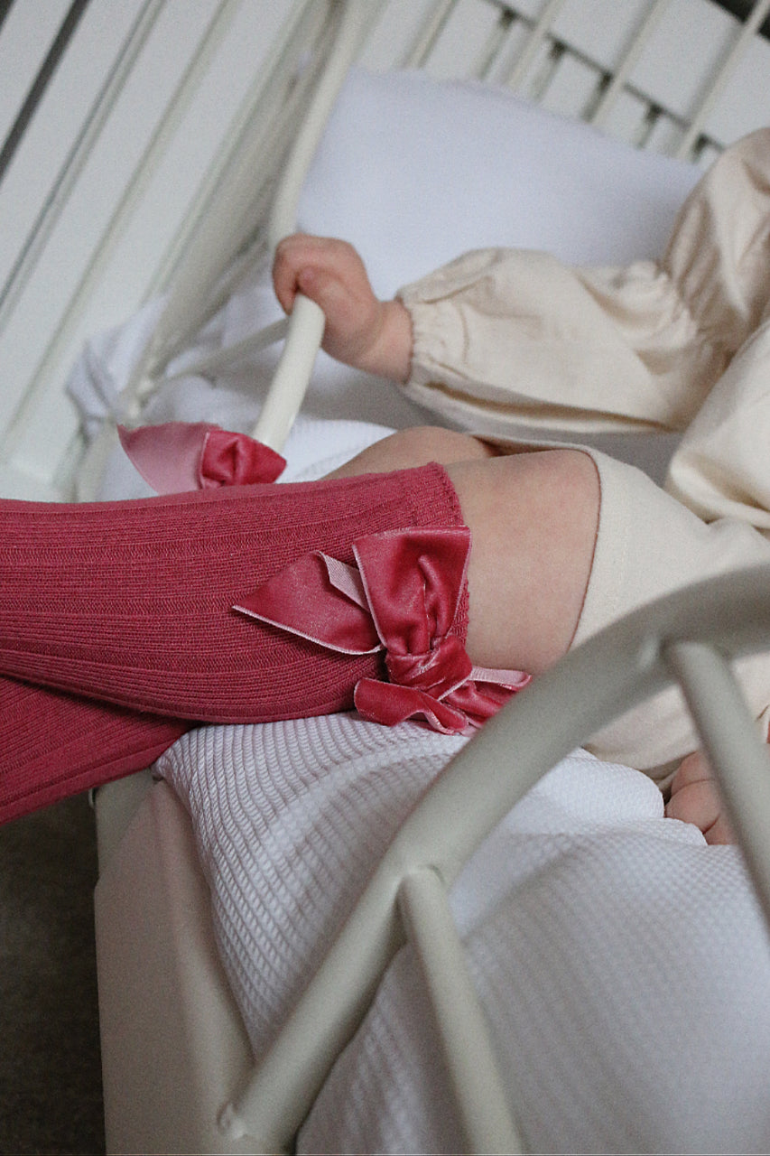 Velvet Bow Party Pink Knee Socks image 1